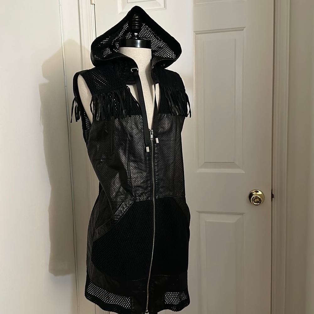 DONNA DI ELEGANZA leather hooded blouse dress L